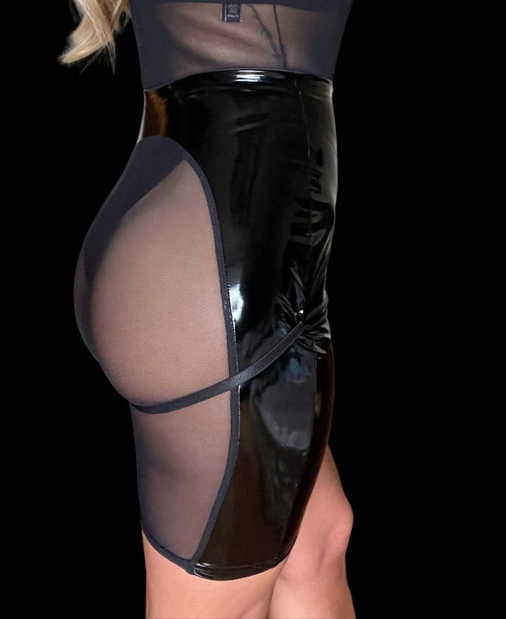 Pencil Latex Skirt Open mesh Back • Plus Size Fetish Sheer Mesh Vinyl Sexy Black Skirt • Erotic Lingerie BDSM Stretch Vinyl Pencil Skirt Image # 142922