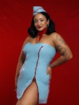 Sky High Chic Cabin Crew Cosplay Outfit Light Blue Latex Dress Classic Flight Attendant Hat Red Scarf for Costume Parties and Roleplay Thumbnail # 143056