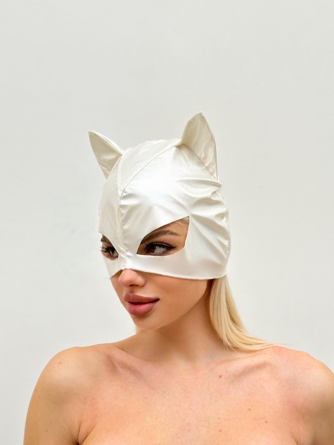Sexy Vinyl Cat Mask Thin Comfy Glossy Finish White Cat Mask, Perfect for Costume Parties and Themed Events Elegant Pearl White Snow Leopard Image # 143024