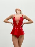 Latex Red Vinyl Bodysuit with Mesh Detail and Ruffle Waist - Sultry Fetish Fantasy Wear with Optional Straps and Wet-Look Latex Material Thumbnail # 143123