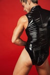 Men's Black Latex Bodysuit High-Neck Sleeveless  Men's Faux Leather One Piece Wetlook Bodysuit Nightclub Rave Costumes Made of Faux Latex Thumbnail # 143193