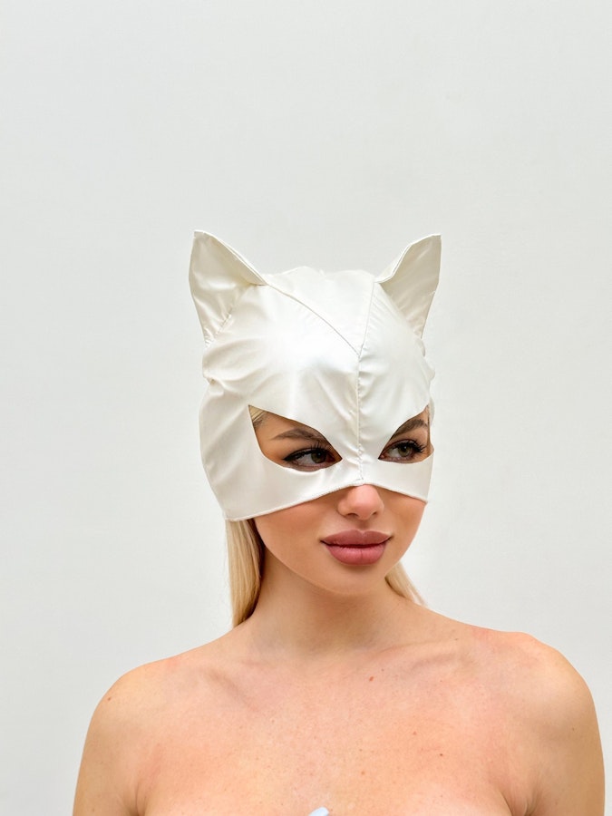 Sexy Vinyl Cat Mask Thin Comfy Glossy Finish White Cat Mask, Perfect for Costume Parties and Themed Events Elegant Pearl White Snow Leopard Image # 143022
