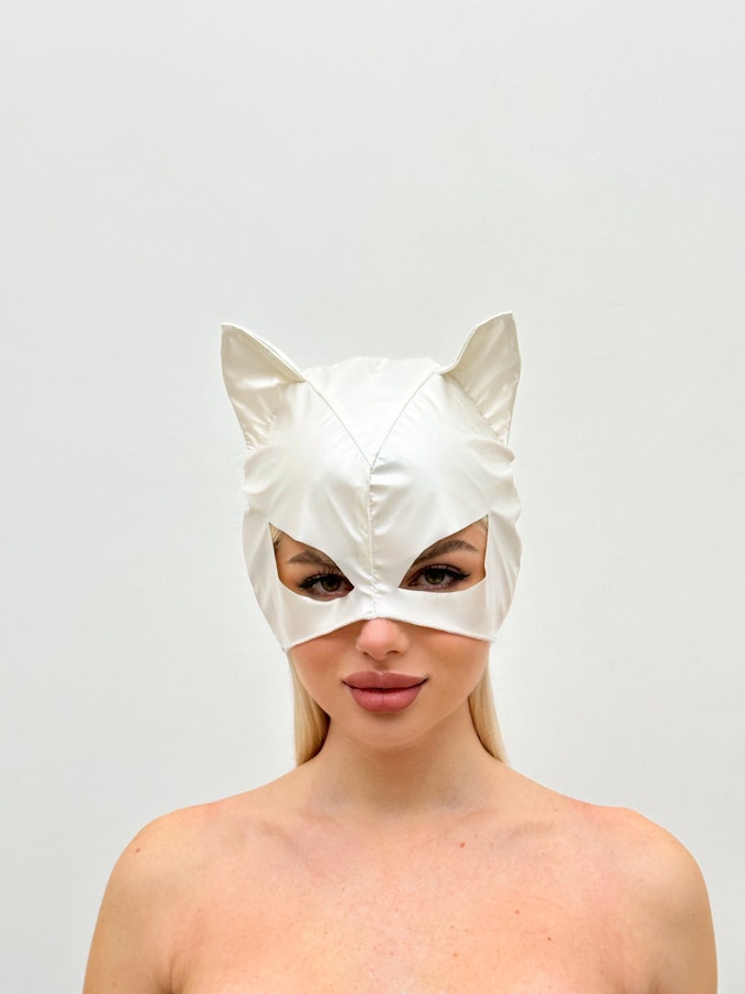 Sexy Vinyl Cat Mask Thin Comfy Glossy Finish White Cat Mask, Perfect for Costume Parties and Themed Events Elegant Pearl White Snow Leopard Image # 143021