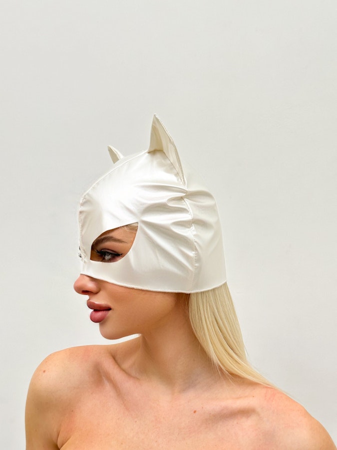 Sexy Vinyl Cat Mask Thin Comfy Glossy Finish White Cat Mask, Perfect for Costume Parties and Themed Events Elegant Pearl White Snow Leopard Image # 143028