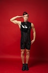 Open Butt Men's Latex Bodysuit Glossy Black Sleeveless Bodysuit with Red Side Panels and High Neck Design Athletic Entertainment Purposes Thumbnail # 143150