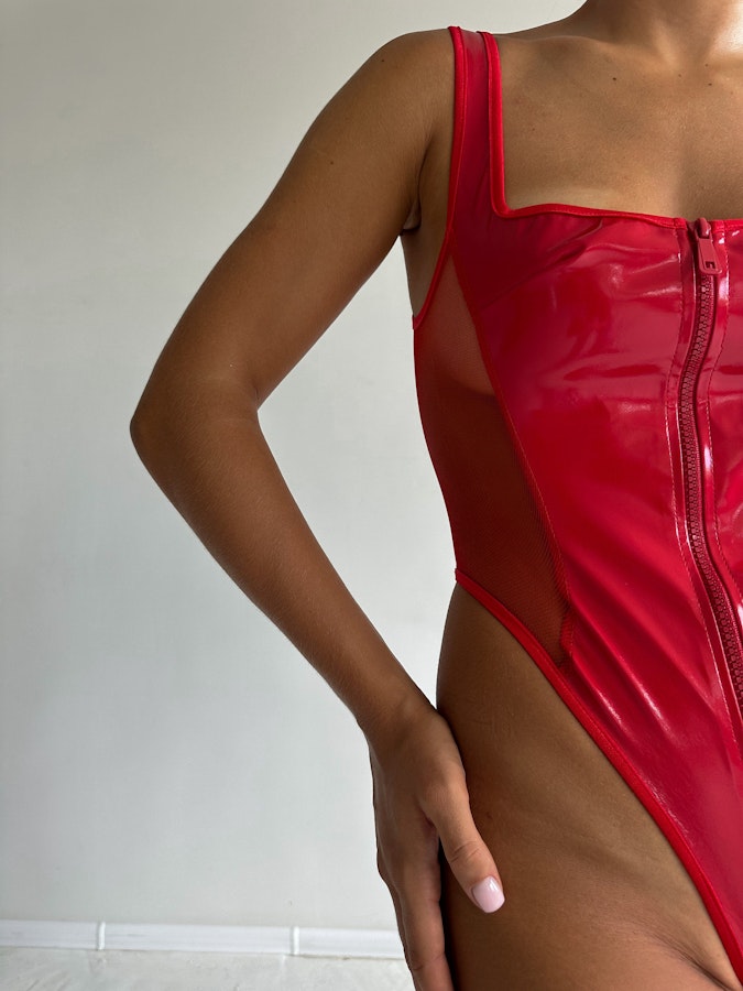 Red Vinyl Bodysuit: Dazzling Red Latex Look Sexy Red Lingerie with Mesh Detailing High-Leg Cut Closure Stretch Mesh for a Perfect Fit Image # 143220