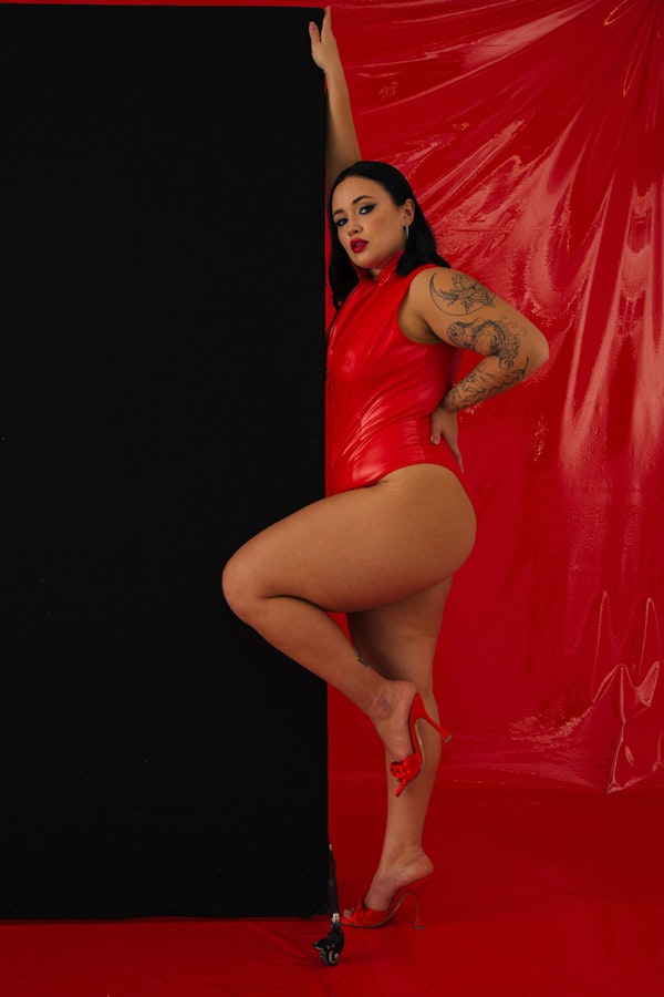 Red Plus size Latex Bodysuit 4X Vinyl Body One Piece • Sexy XL Bodysuit • Latex OpenCrotch • Vinyl High Neck Bodysuit with Zip Front Red Image # 143441