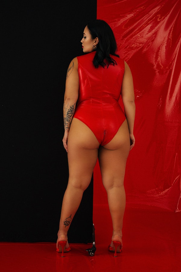 Red Plus size Latex Bodysuit 4X Vinyl Body One Piece • Sexy XL Bodysuit • Latex OpenCrotch • Vinyl High Neck Bodysuit with Zip Front Red Image # 143440