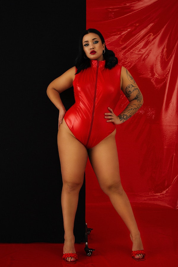 Red Plus size Latex Bodysuit 4X Vinyl Body One Piece • Sexy XL Bodysuit • Latex OpenCrotch • Vinyl High Neck Bodysuit with Zip Front Red Image # 143439