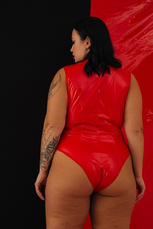 Red Plus size Latex Bodysuit 4X Vinyl Body One Piece • Sexy XL Bodysuit • Latex OpenCrotch • Vinyl High Neck Bodysuit with Zip Front Red Image # 143437