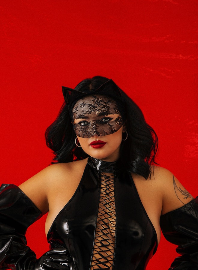 Plus size Laced Up Bodysuit • Sexy Cat Plus size Halloween Look • Lace Cat Mask with Ears • High Cut Legs Bodysuit Latex Laced Up Bodysuit Image # 143542
