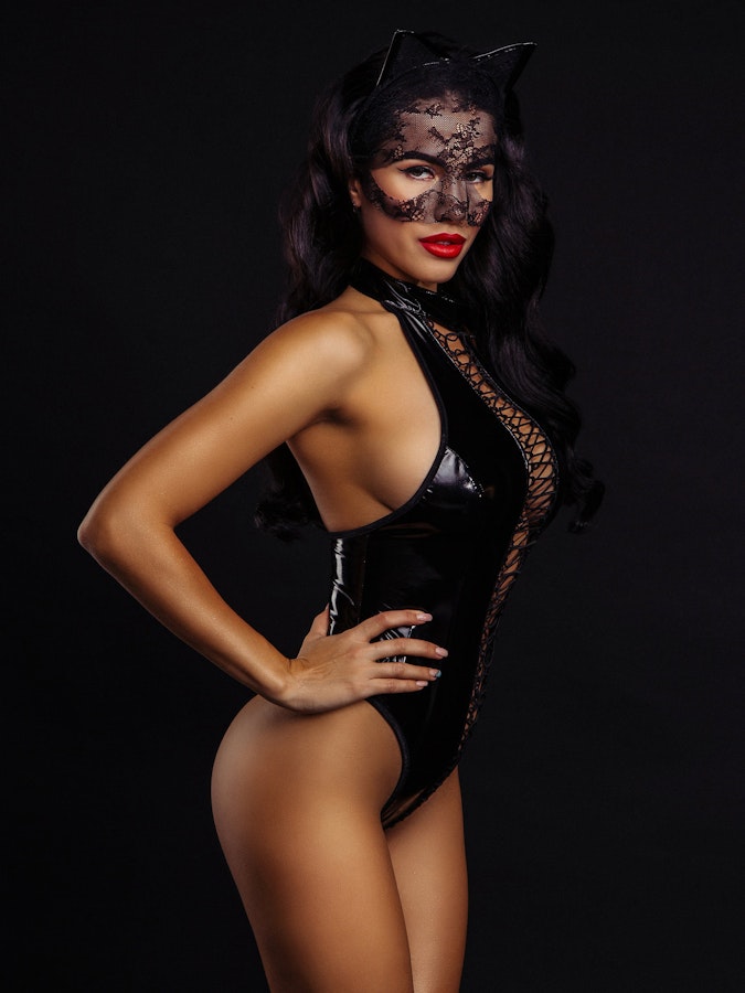 Plus size Laced Up Bodysuit • Sexy Cat Plus size Halloween Look • Lace Cat Mask with Ears • High Cut Legs Bodysuit Latex Laced Up Bodysuit Image # 143548