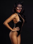 Plus size Laced Up Bodysuit • Sexy Cat Plus size Halloween Look • Lace Cat Mask with Ears • High Cut Legs Bodysuit Latex Laced Up Bodysuit Thumbnail # 143548