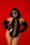 Plus size Laced Up Bodysuit • Sexy Cat Plus size Halloween Look • Lace Cat Mask with Ears • High Cut Legs Bodysuit Latex Laced Up Bodysuit Thumbnail # 143546