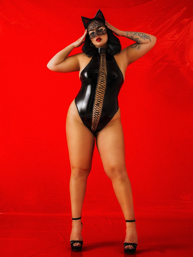 Plus size Laced Up Bodysuit • Sexy Cat Plus size Halloween Look • Lace Cat Mask with Ears • High Cut Legs Bodysuit Latex Laced Up Bodysuit Image # 143545
