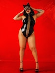 Plus size Laced Up Bodysuit • Sexy Cat Plus size Halloween Look • Lace Cat Mask with Ears • High Cut Legs Bodysuit Latex Laced Up Bodysuit Thumbnail # 143545