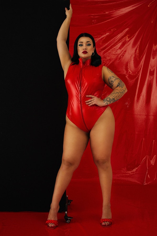 Red Plus size Latex Bodysuit 4X Vinyl Body One Piece • Sexy XL Bodysuit • Latex OpenCrotch • Vinyl High Neck Bodysuit with Zip Front Red Image # 143436
