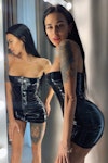 Black Latex Dress Extra Mini Black Back Zipper Dress Halloween Wet Latex Look Plus Size BDSM Toy Sexy Black Sleeveless Latex Dress Rubber Thumbnail # 143513