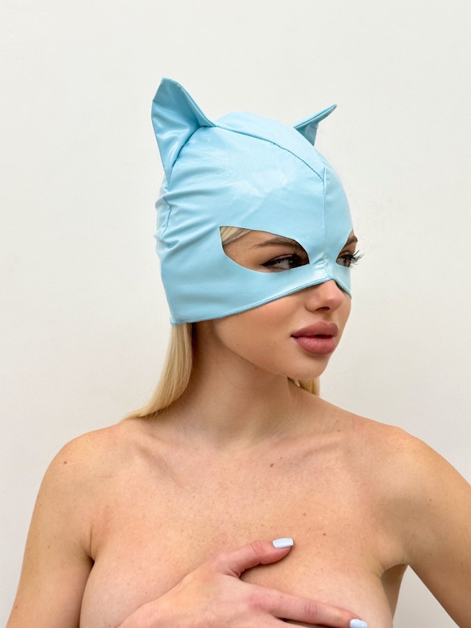 Seductive and Mysterious Blue Latex Cat Mask Perfect for Masquerade Balls Alternative Fashion, and Intimate Occasions Kinky Face Masks BDSM Image # 143347