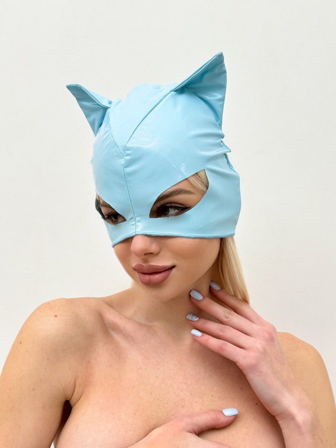Seductive and Mysterious Blue Latex Cat Mask Perfect for Masquerade Balls Alternative Fashion, and Intimate Occasions Kinky Face Masks BDSM Image # 143348