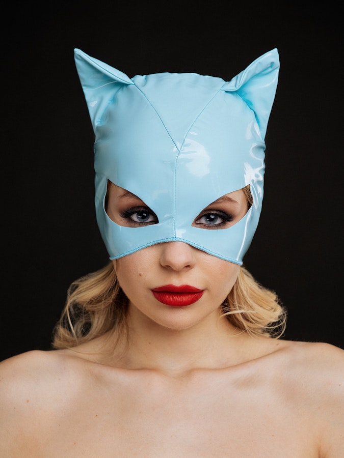 Seductive and Mysterious Blue Latex Cat Mask Perfect for Masquerade Balls Alternative Fashion, and Intimate Occasions Kinky Face Masks BDSM