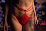 Red Harness Lingerie Set,  Half-Open Cup Bra Set with Adjustable Straps and High Thong Panties Thumbnail # 146655