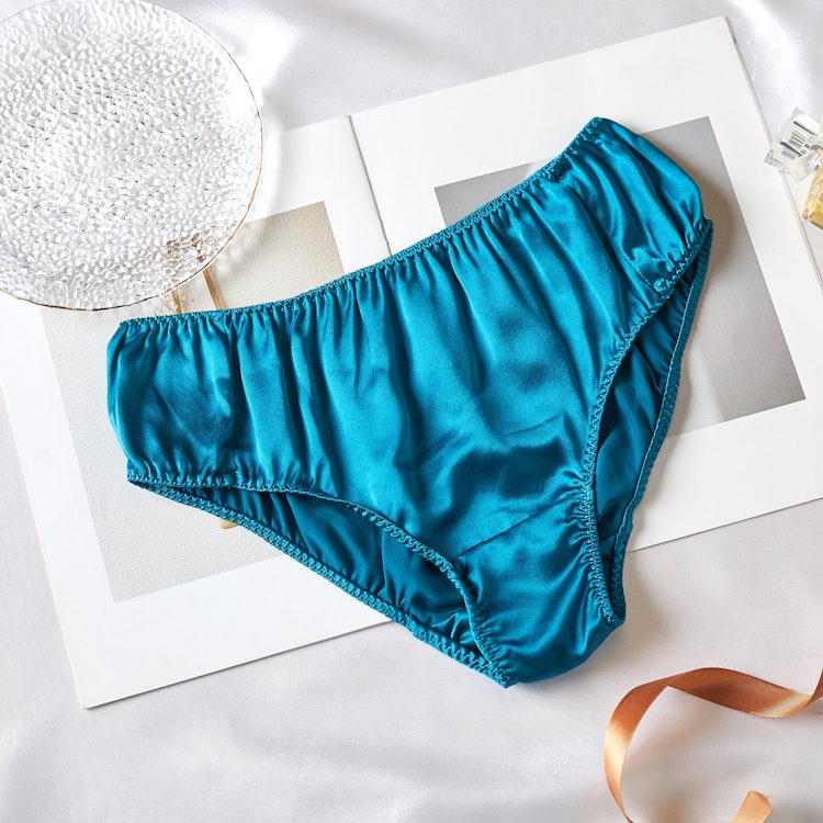 Turquoise Pure Mulberry Silk Bikini Panties | Mid Waist | 22 Momme | Float Collection photo