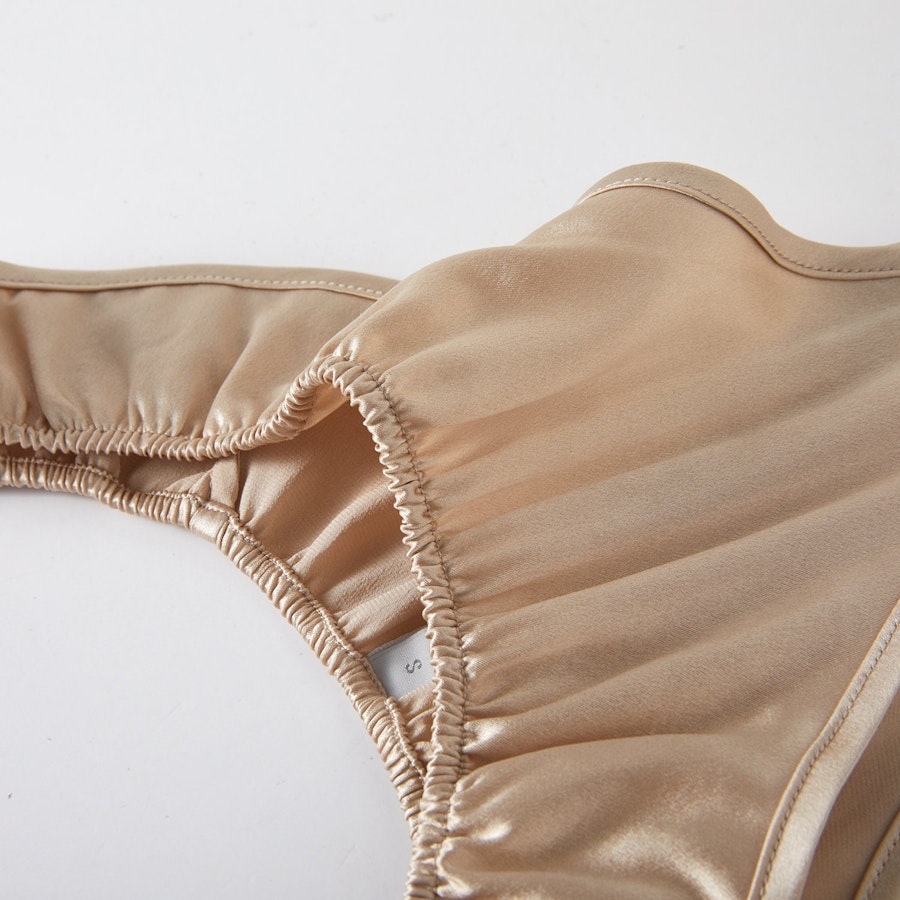 Champagne Pure Mulberry Silk T-String Pantie | Mid to High Waist Thong | 22 Momme | Float Collection Image # 149132