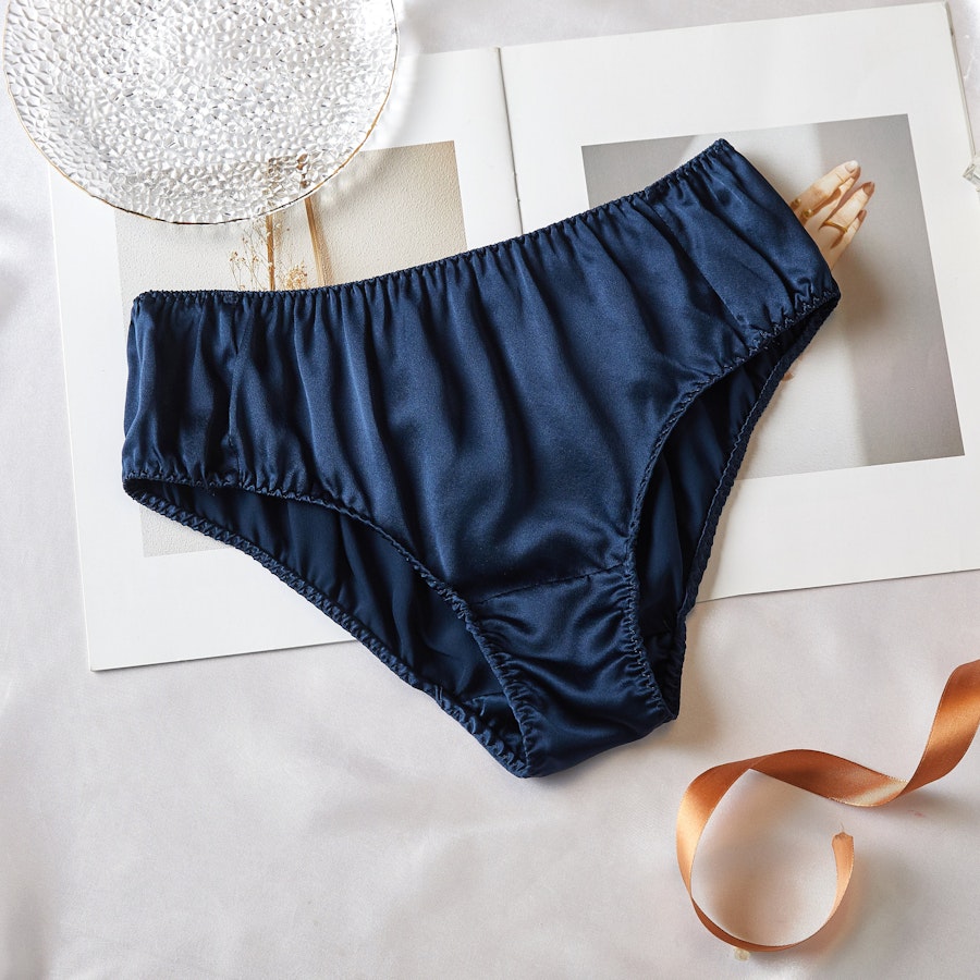 Navy Pure Mulberry Silk Bikini Panties | Mid Waist | 22 Momme | Float Collection Image # 149234