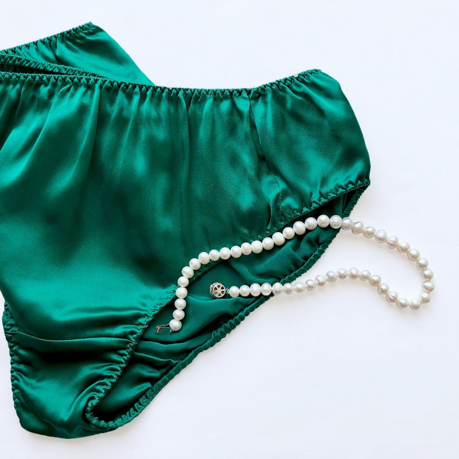 Emerald Green Pure Mulberry Silk Bikini Panties | Mid Waist | 22 Momme | Float Collection Image # 149646