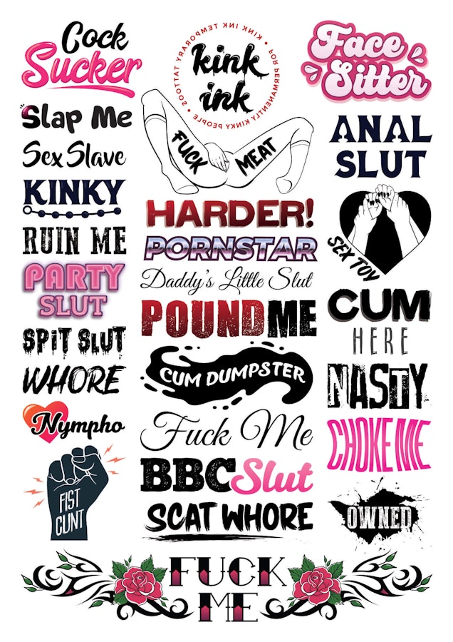 Hardcore Words and Phrases (Mega Sheet #2) -  27 Adult Temporary Tattoos