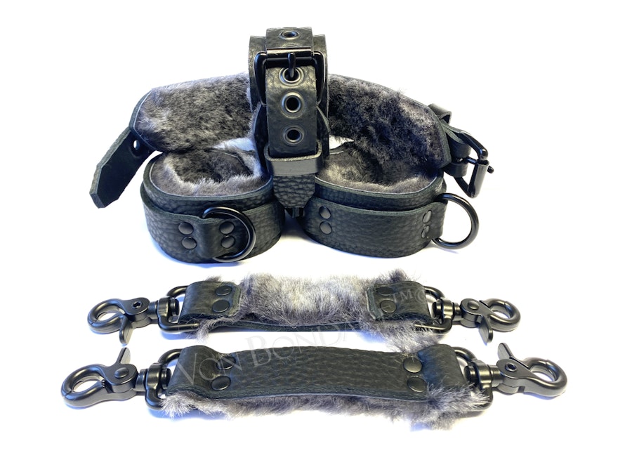 BDSM Restraints/Cuffs, Sheepskin Fleece Restraints, soft furry restraints, BDSM/Bondage Cuffs, Leather BDSM Set, Bondage Set Image # 154418
