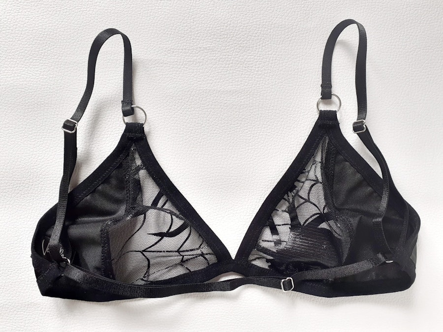 Black sheer BABE spiderweb bra, see thru mesh goth triangle bralette soft cup and wire-free velvet lingerie. Handmade to order in your size. Image # 172961