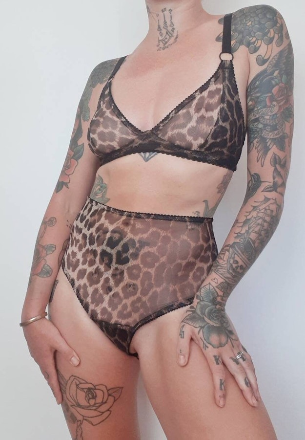 Leopard mesh crotchless SABBATH high waist knickers. Sheer open rear panties. Handmade to order sexy see thru lingerie. Image # 172996