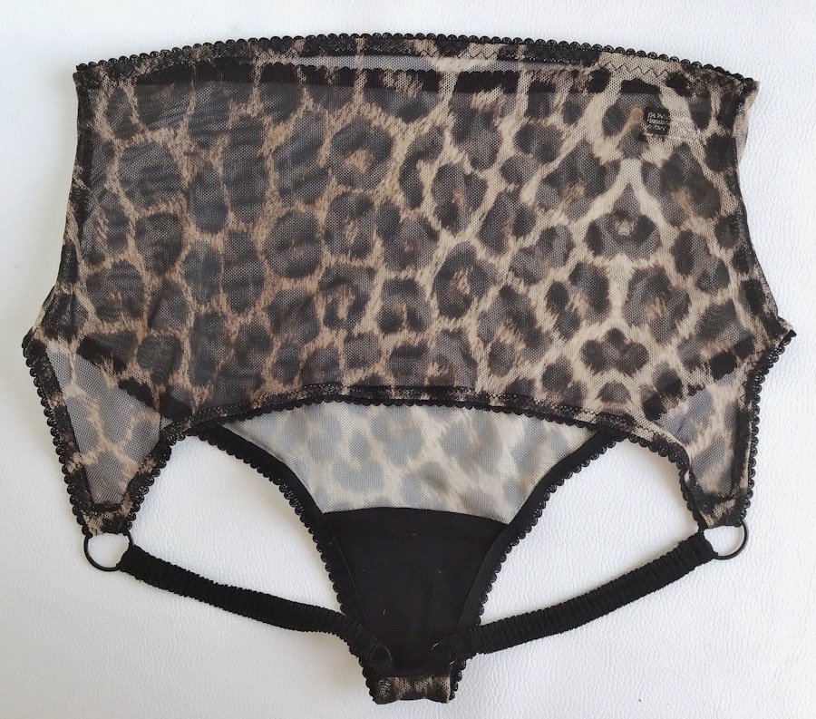 Leopard mesh crotchless SABBATH high waist knickers. Sheer open rear panties. Handmade to order sexy see thru lingerie. Image # 172998