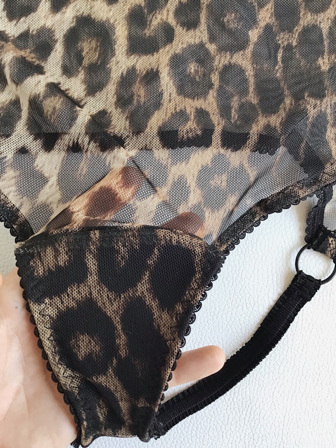 Leopard mesh crotchless SABBATH high waist knickers. Sheer open rear panties. Handmade to order sexy see thru lingerie. Image # 173001