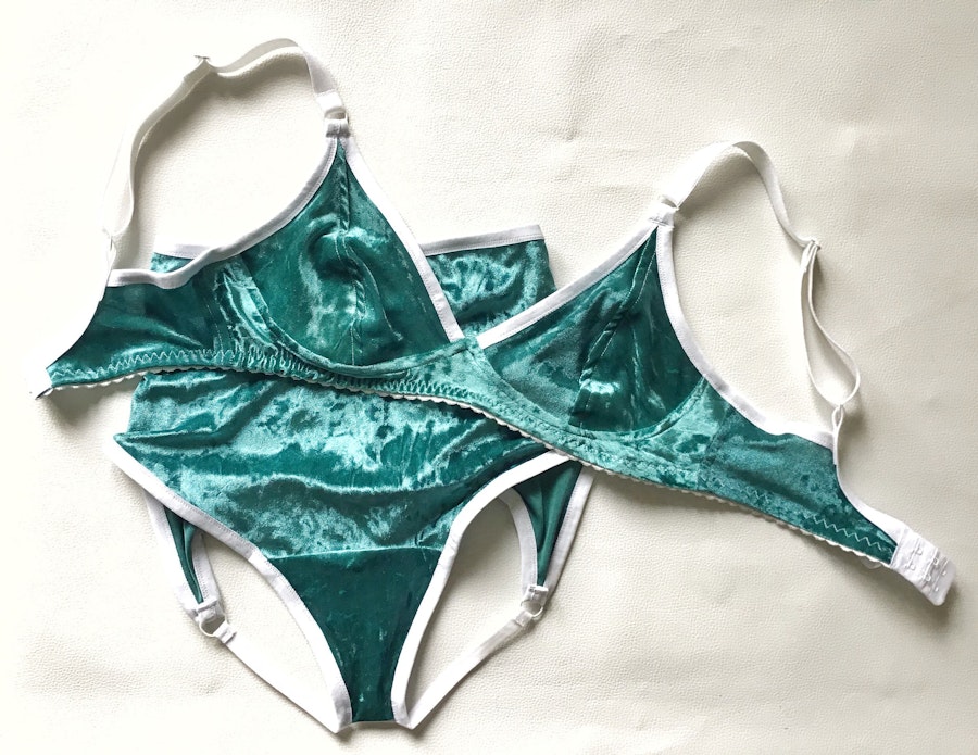 Turquoise velvet TOUCH wire free bra. Soft cup design for comfort fit. Handmade to order lingerie in your size Image # 173005