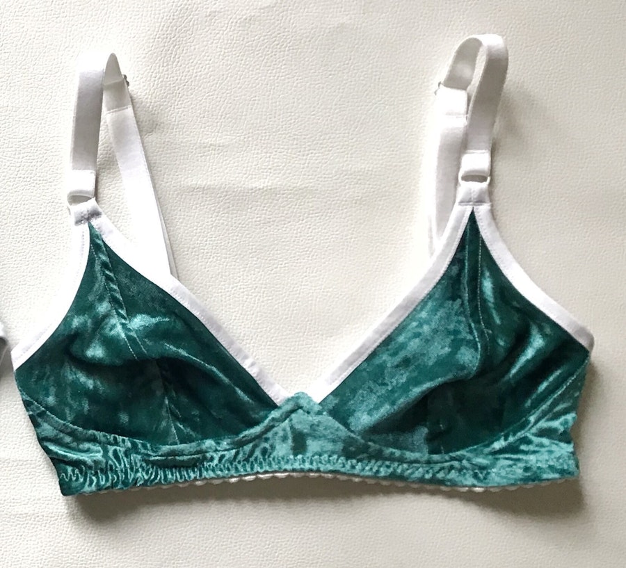 Turquoise velvet TOUCH wire free bra. Soft cup design for comfort fit. Handmade to order lingerie in your size Image # 173008