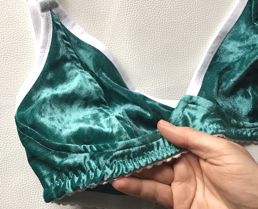 Turquoise velvet TOUCH wire free bra. Soft cup design for comfort fit. Handmade to order lingerie in your size Image # 173010