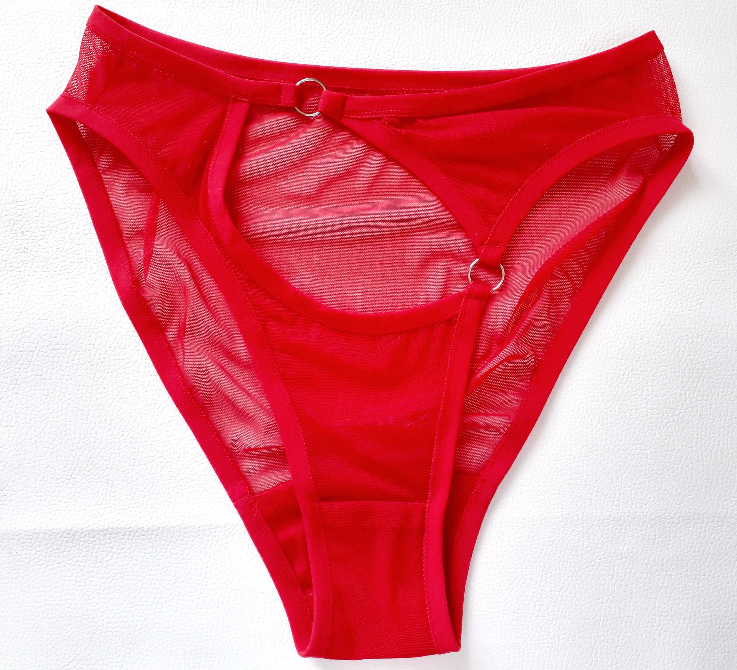 Red mesh FLOOZY sheer knickers. High leg see thru soft stretch fabric. Cut out high waist panties. Handmade to order sexy erotic lingerie photo