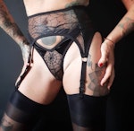 Black velvet & mesh spiderweb thong. Sexy see thru woman’s underwear. Handmade to order gothic lingerie in your size. Thumbnail # 173054