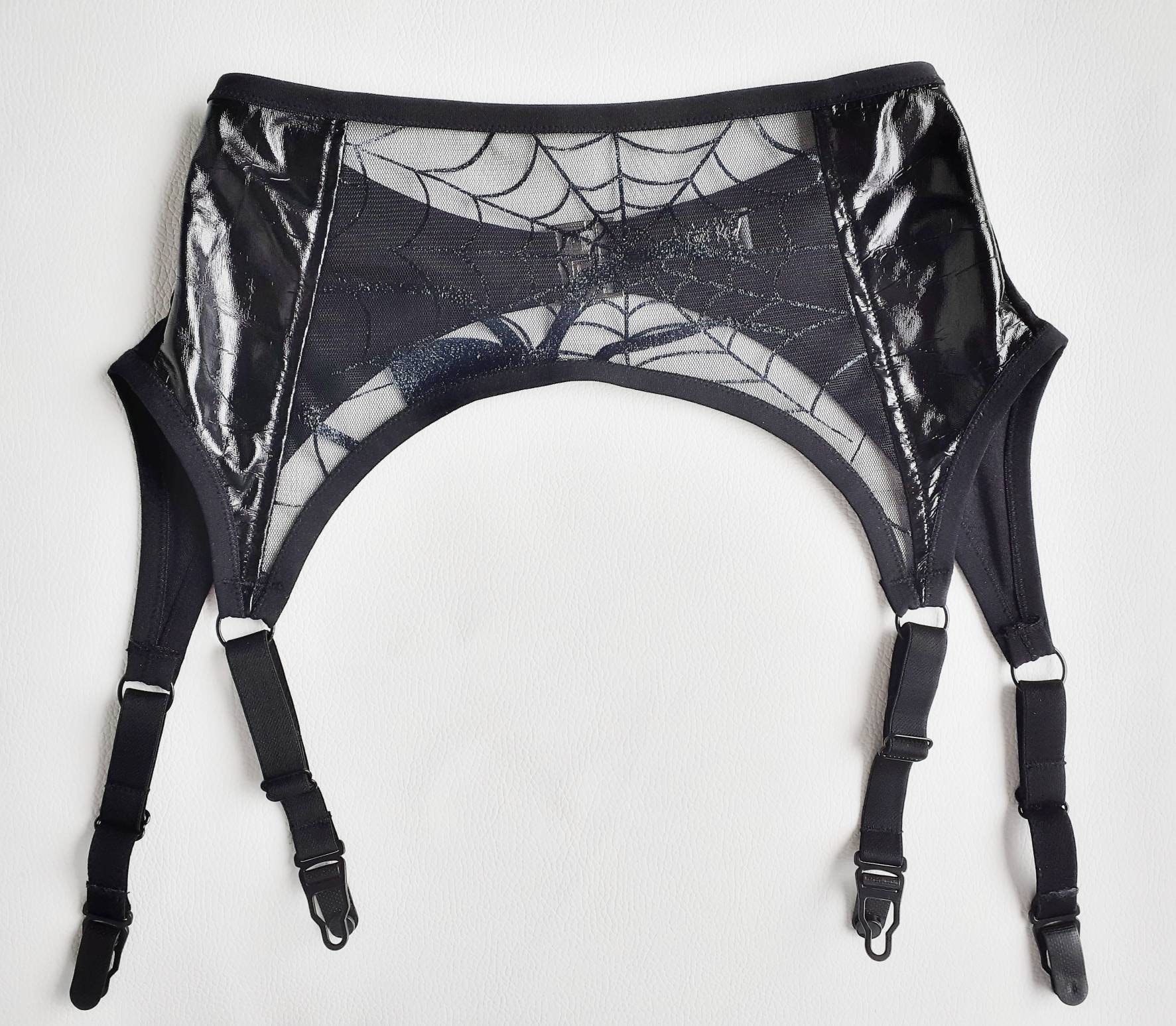 Black velvet & spiderweb mesh suspender belt. High waist see thru burlesque 4 clip garter. Handmade to order gothic lingerie. photo