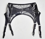 Black velvet & spiderweb mesh suspender belt. High waist see thru burlesque 4 clip garter. Handmade to order gothic lingerie. Thumbnail # 173067