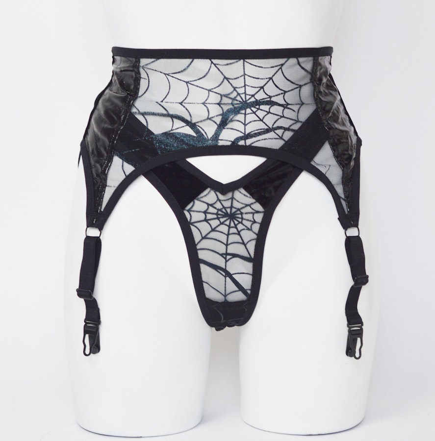 Black velvet & spiderweb mesh suspender belt. High waist see thru burlesque 4 clip garter. Handmade to order gothic lingerie. Image # 173069