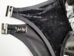 Black velvet & spiderweb mesh suspender belt. High waist see thru burlesque 4 clip garter. Handmade to order gothic lingerie. Thumbnail # 173072