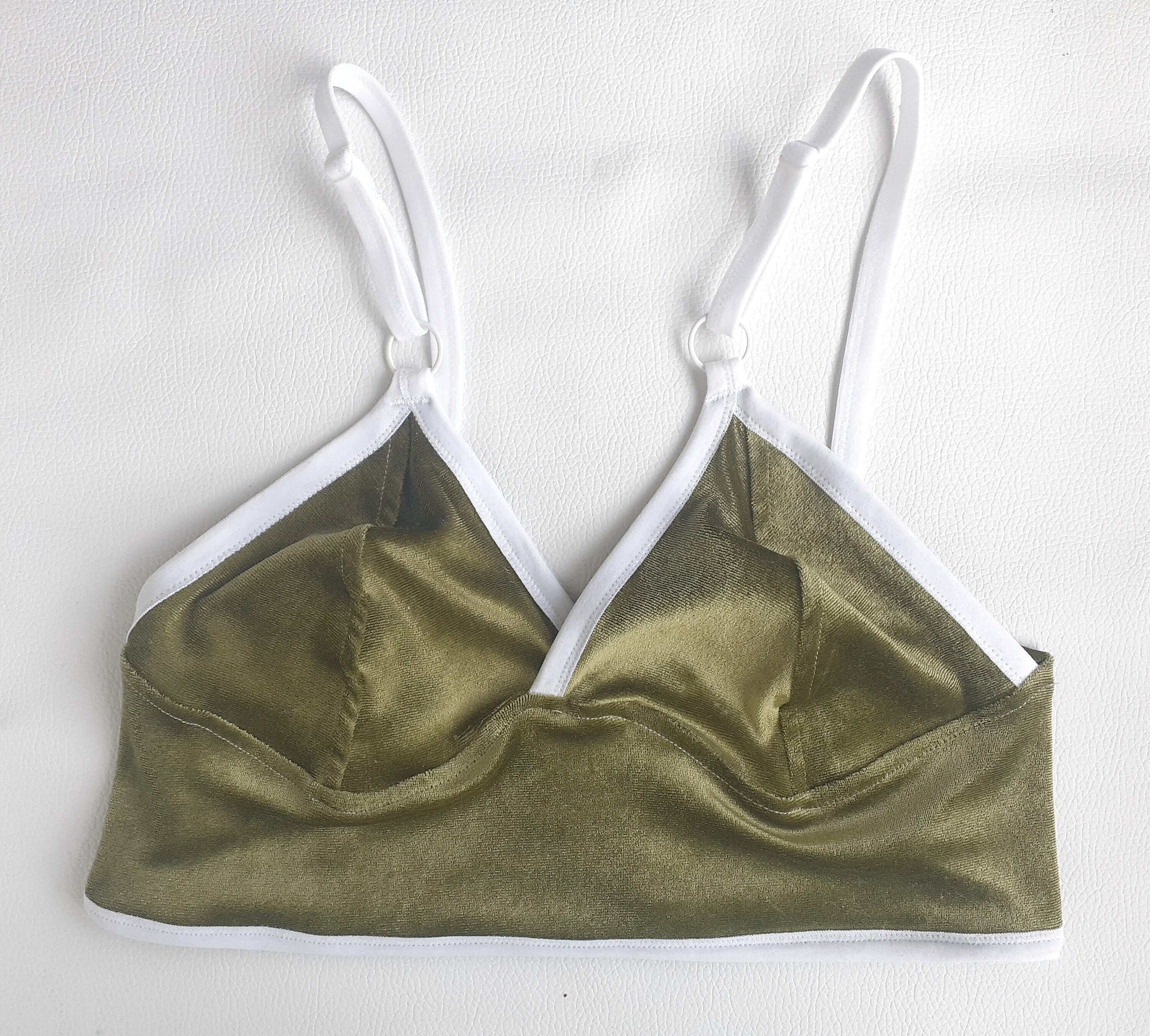 Green velvet KALI bralette. Soft velvet lounge wear. Wire free, natural shape bra top. Handmade to order lingerie in your size. photo