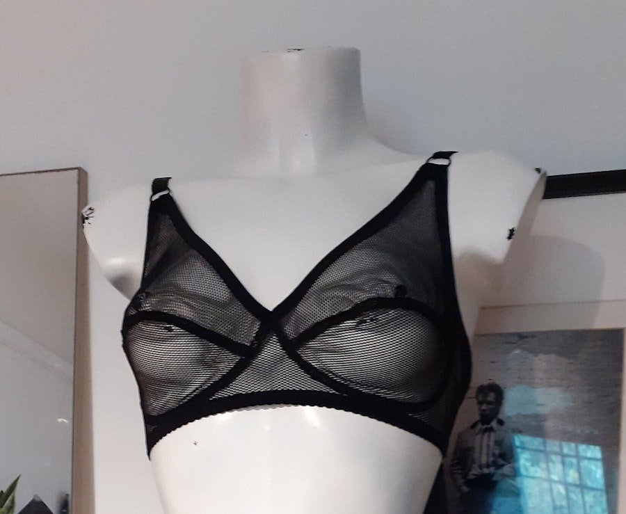 Black sheer FLOOZY soft cup mesh bra. Strappy retro wire free see thru bralette. Handmade to order sexy lingerie. Custom sizing.
