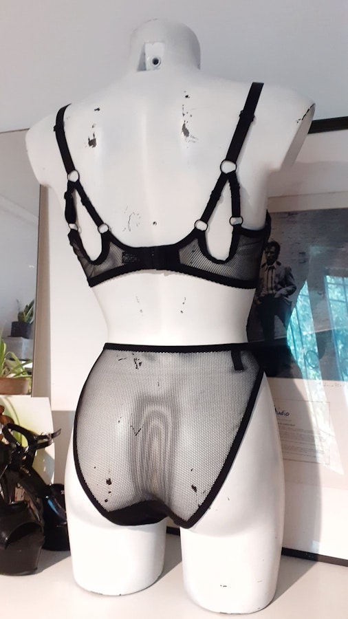 Black sheer FLOOZY soft cup mesh bra. Strappy retro wire free see thru bralette. Handmade to order sexy lingerie. Custom sizing. Image # 173098
