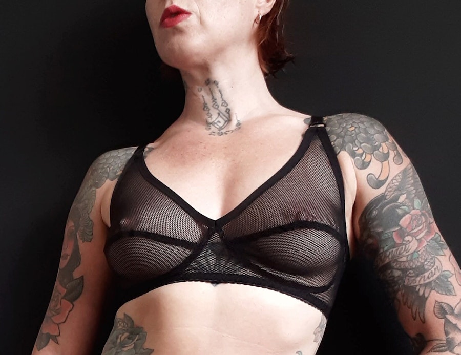 Black sheer FLOOZY soft cup mesh bra. Strappy retro wire free see thru bralette. Handmade to order sexy lingerie. Custom sizing. Image # 173100