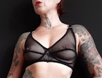 Black sheer FLOOZY soft cup mesh bra. Strappy retro wire free see thru bralette. Handmade to order sexy lingerie. Custom sizing. Thumbnail # 173100